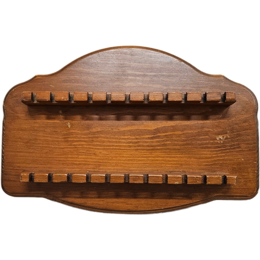 Vintage Stained Wooden Wall Mount 22 Slot Spoon or Knife Display Rack Scalloped